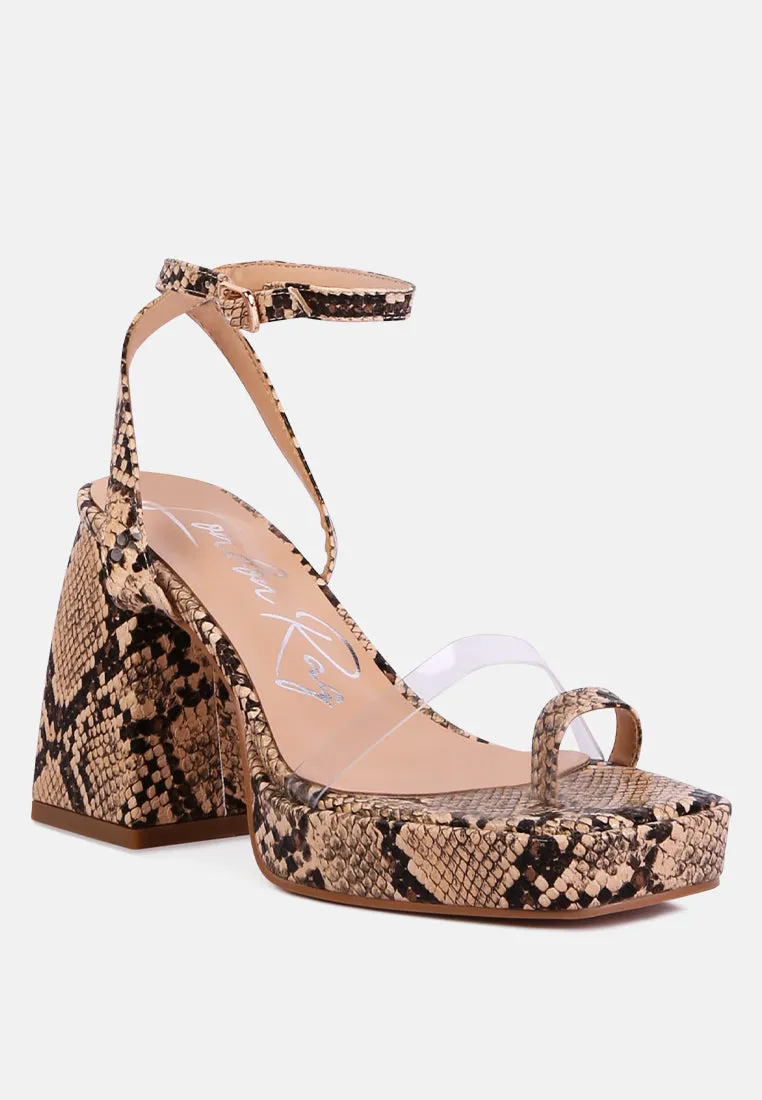 Such Flirt Snake Print Triangular Block Heel Sandals By Ruw