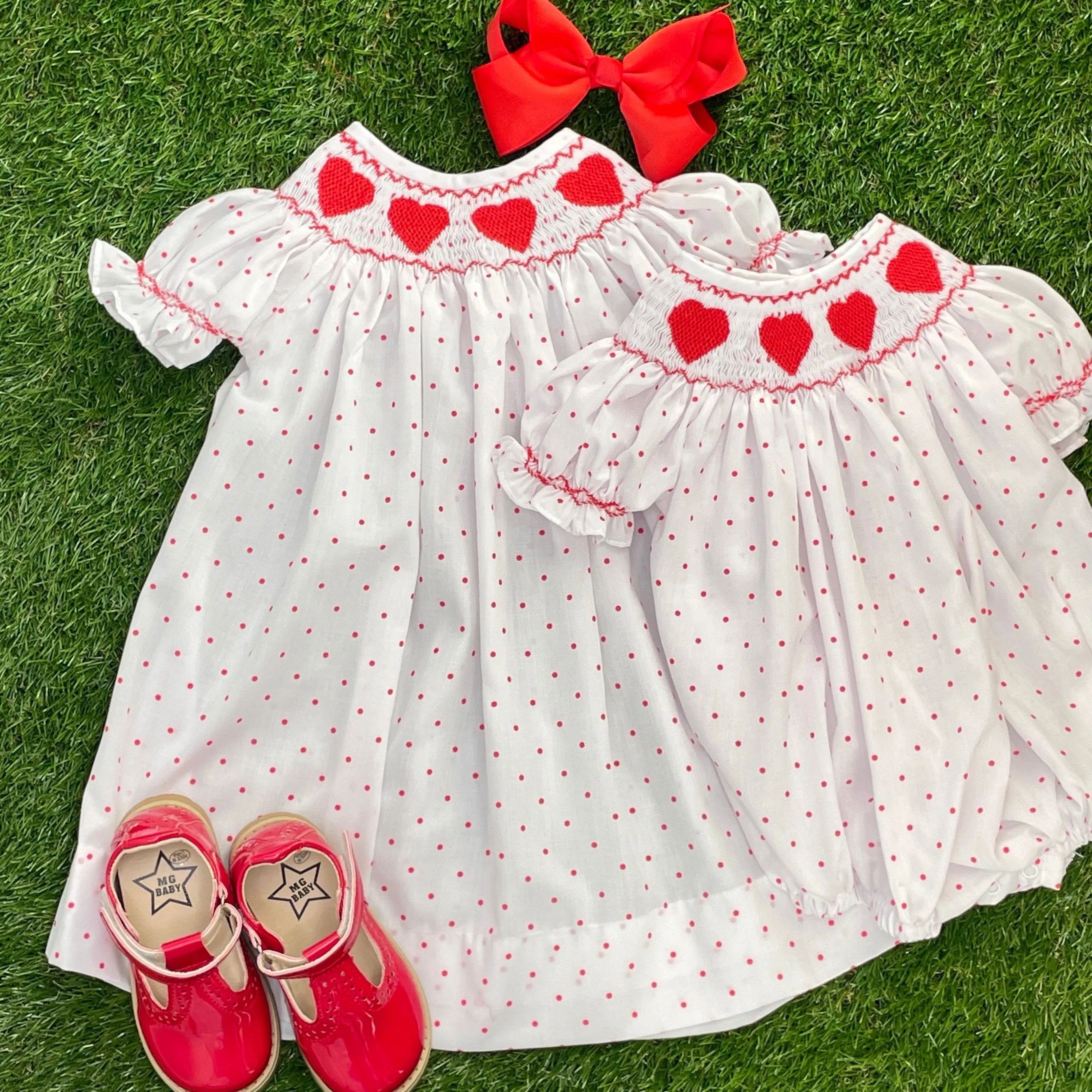 Valentine Smocked Romper - Red Hearts on Red Polka Dot