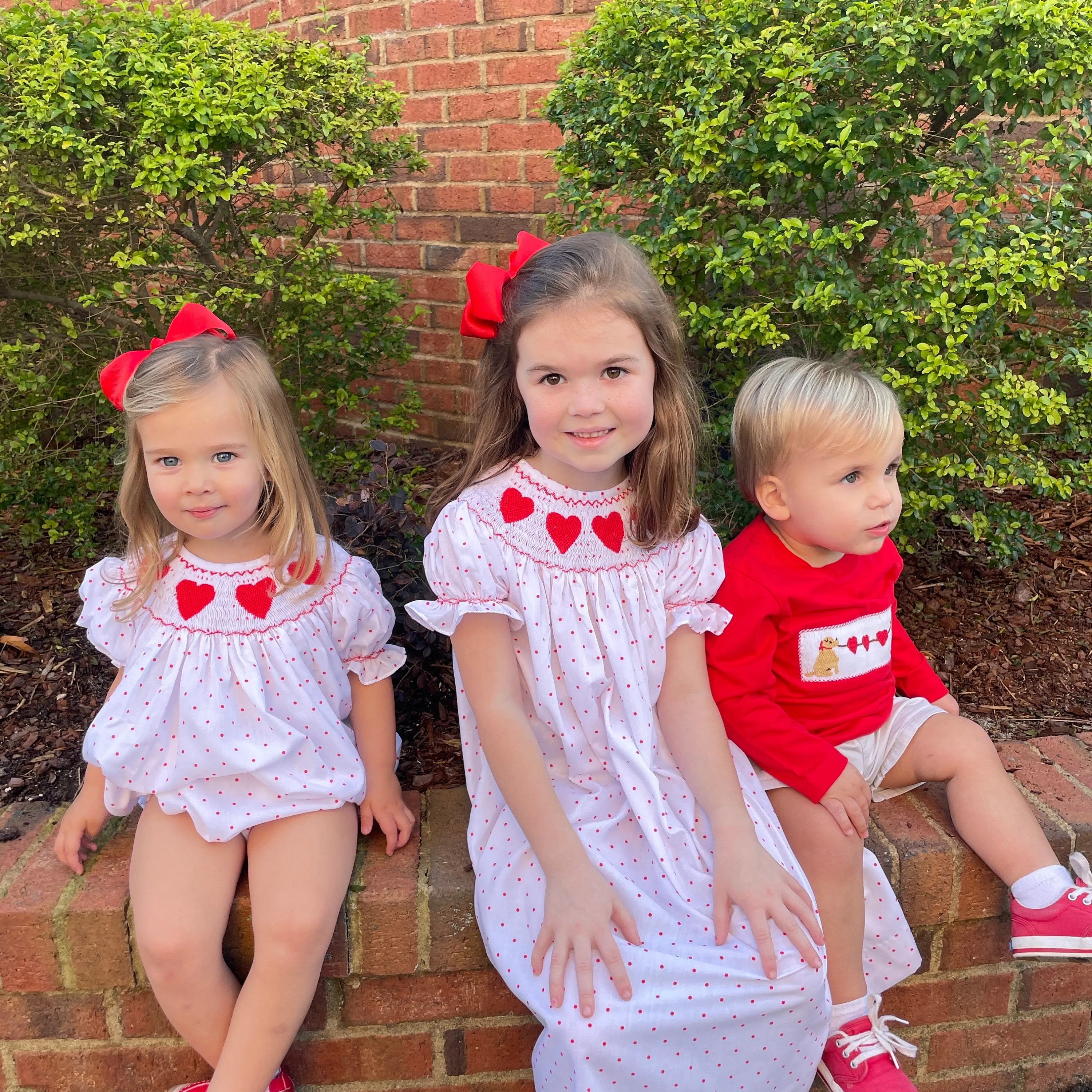 Valentine Smocked Romper - Red Hearts on Red Polka Dot