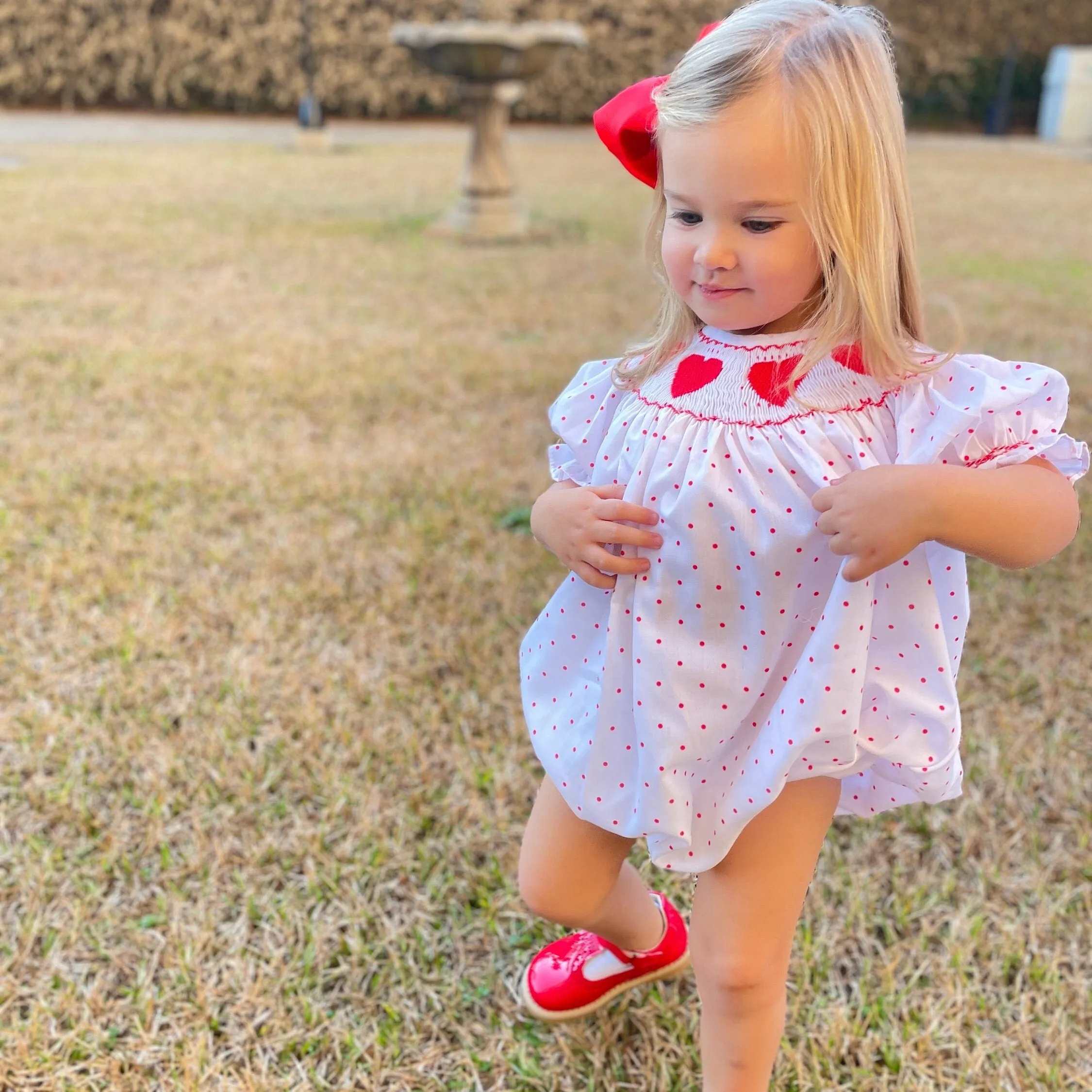 Valentine Smocked Romper - Red Hearts on Red Polka Dot