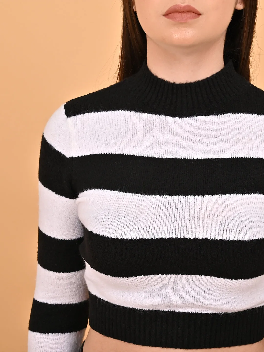 Women Black & White Striped Cropped Sweater