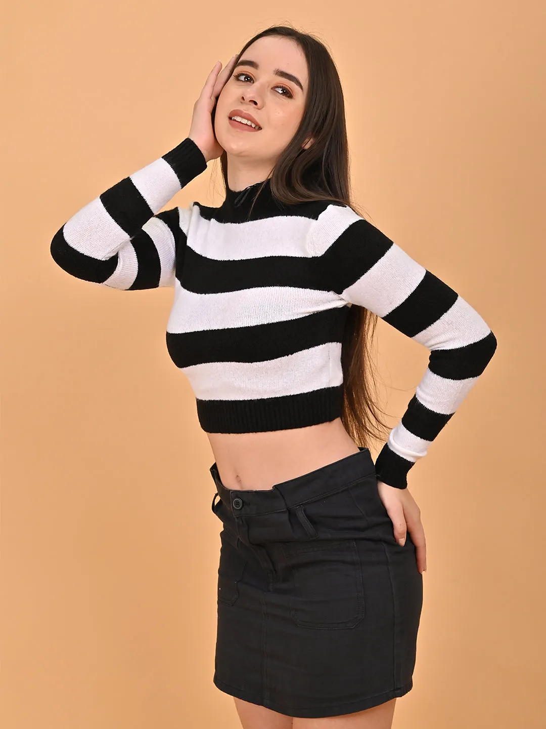 Women Black & White Striped Cropped Sweater