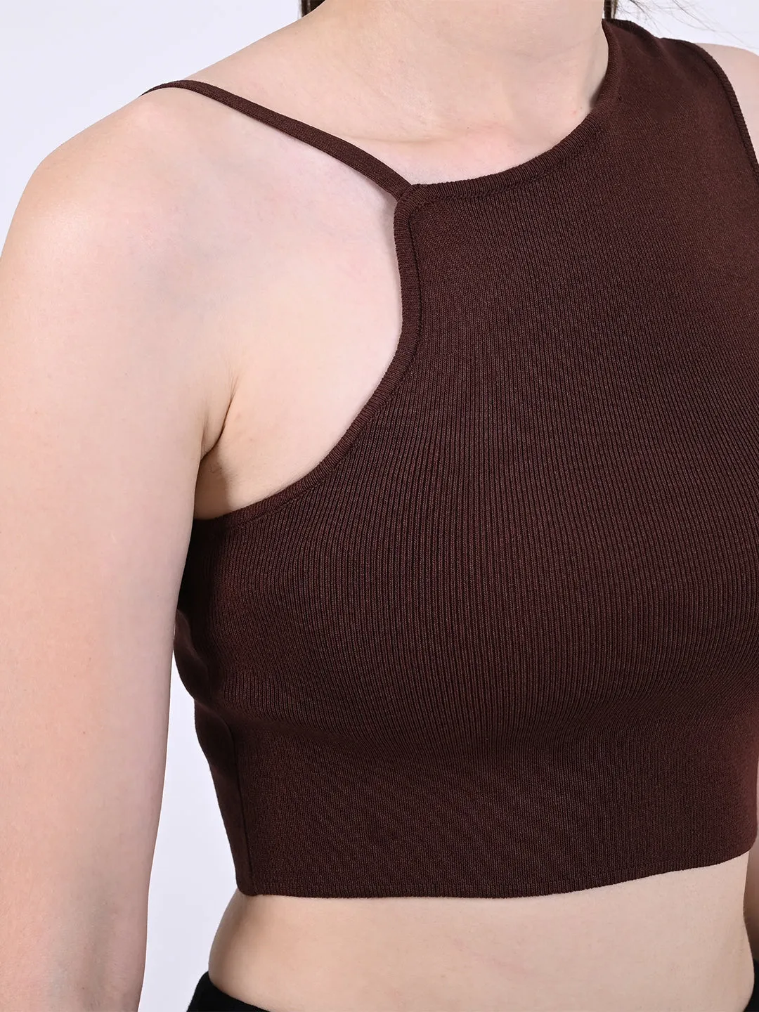 Women Brown One-Shoulder Crop Top