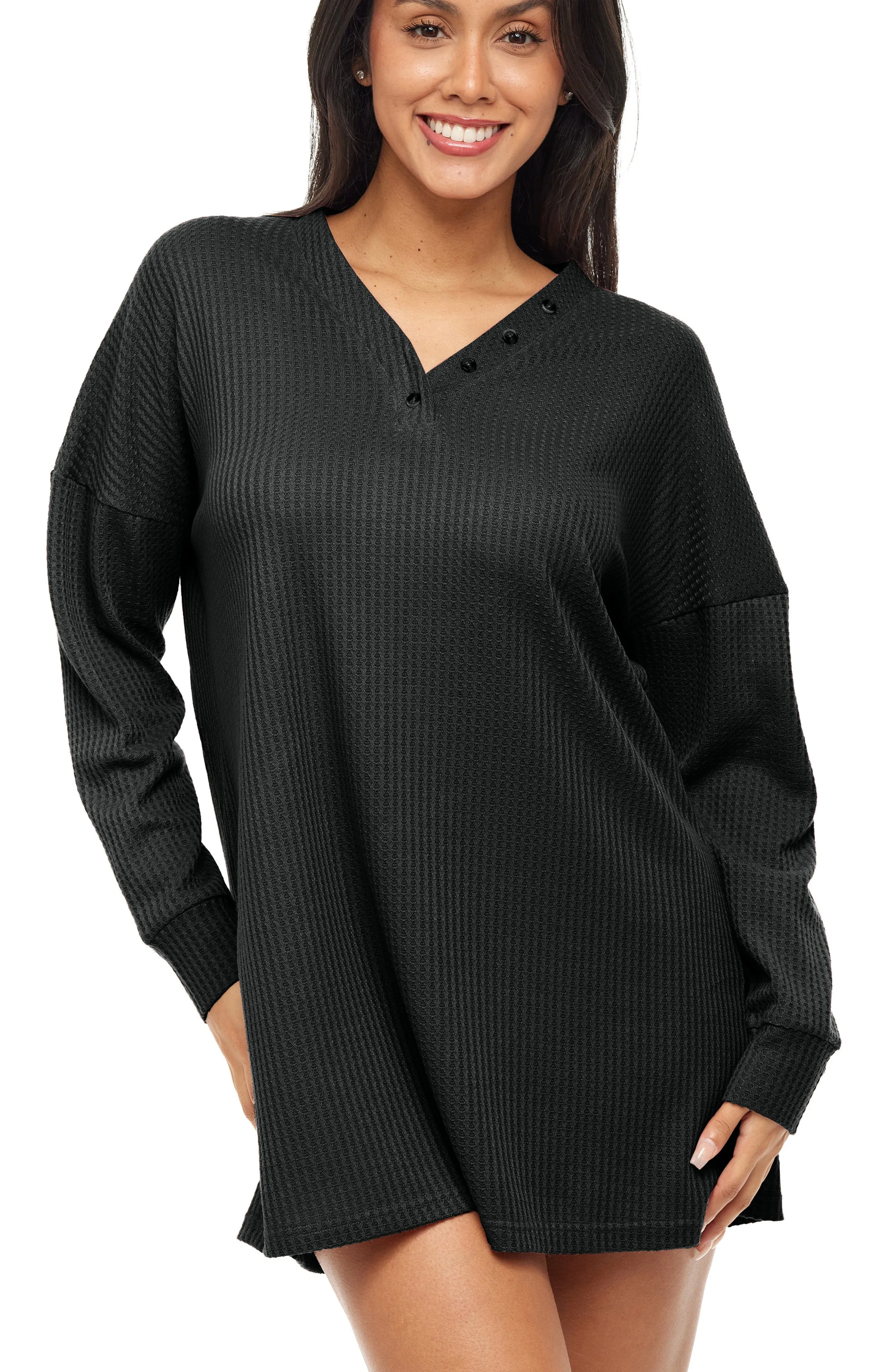 Women's Long Sleeve Oversized Knit Nightshirt, V-neck Sleepshirt, Pajama Top