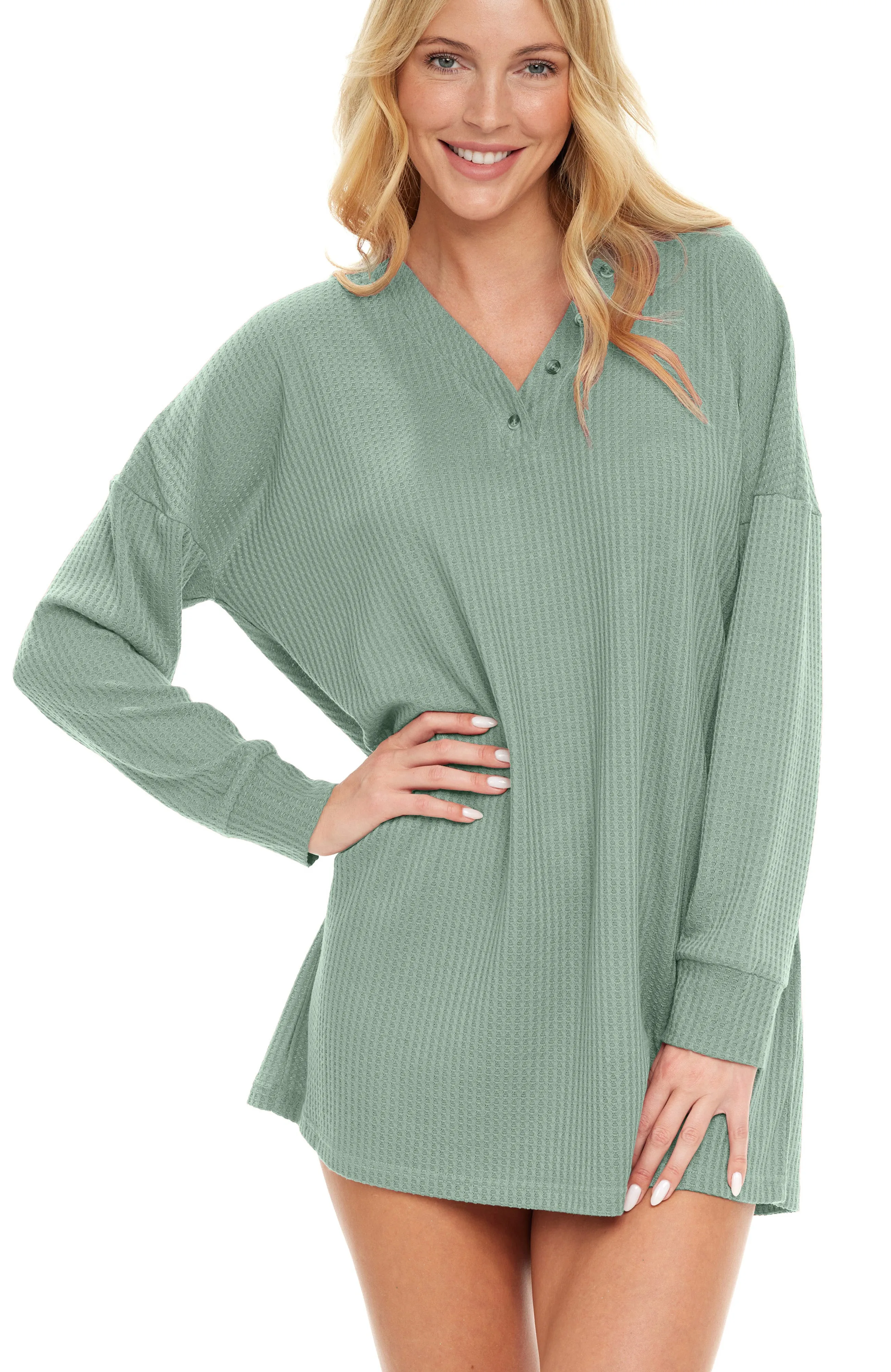 Women's Long Sleeve Oversized Knit Nightshirt, V-neck Sleepshirt, Pajama Top